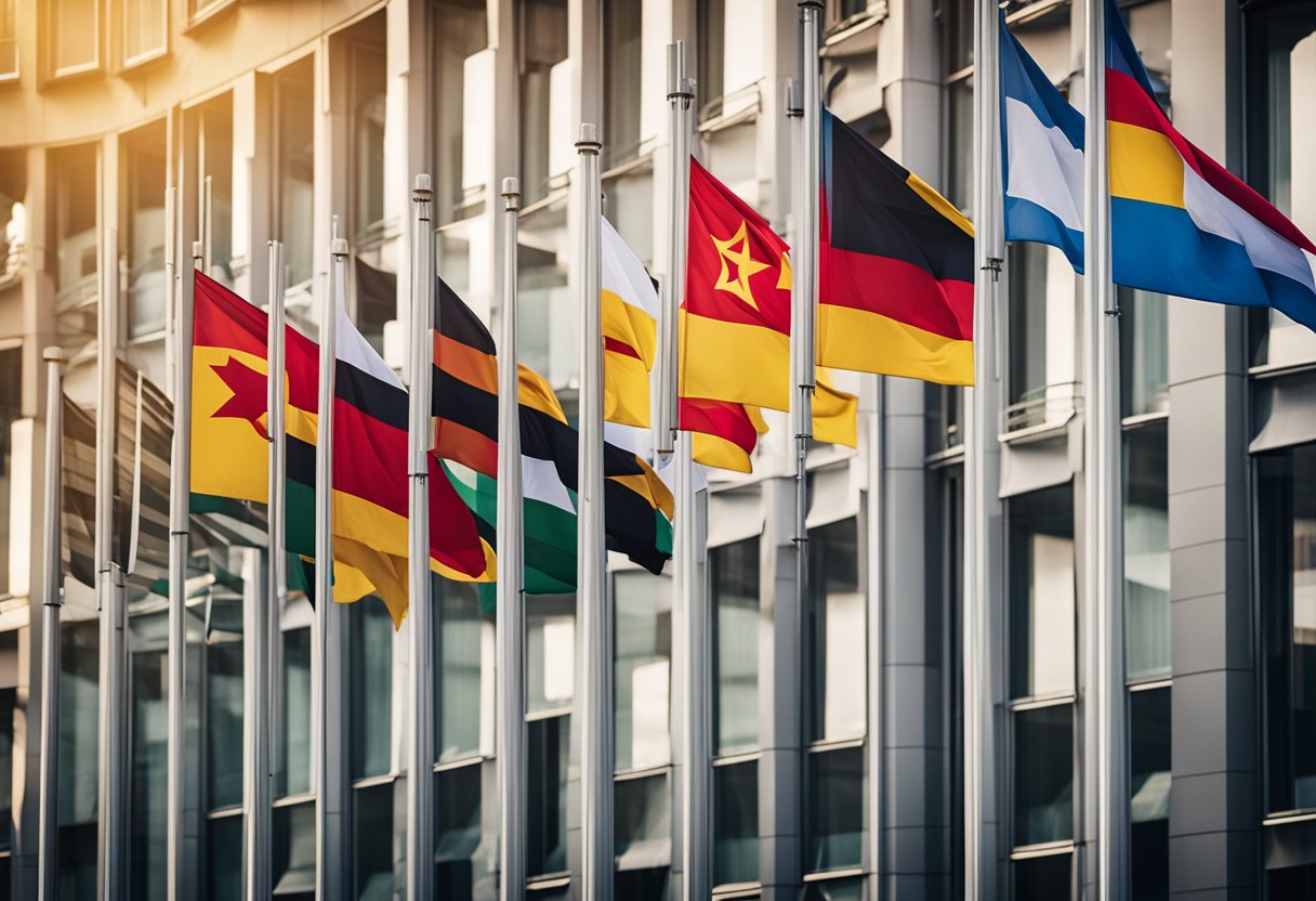 Die Flaggen der Berliner Bezirke wehen im Wind und repräsentieren jeweils ein einzigartiges Design und Farbschema. Die Flagge von Berlin, Deutschland, sticht unter ihnen hervor