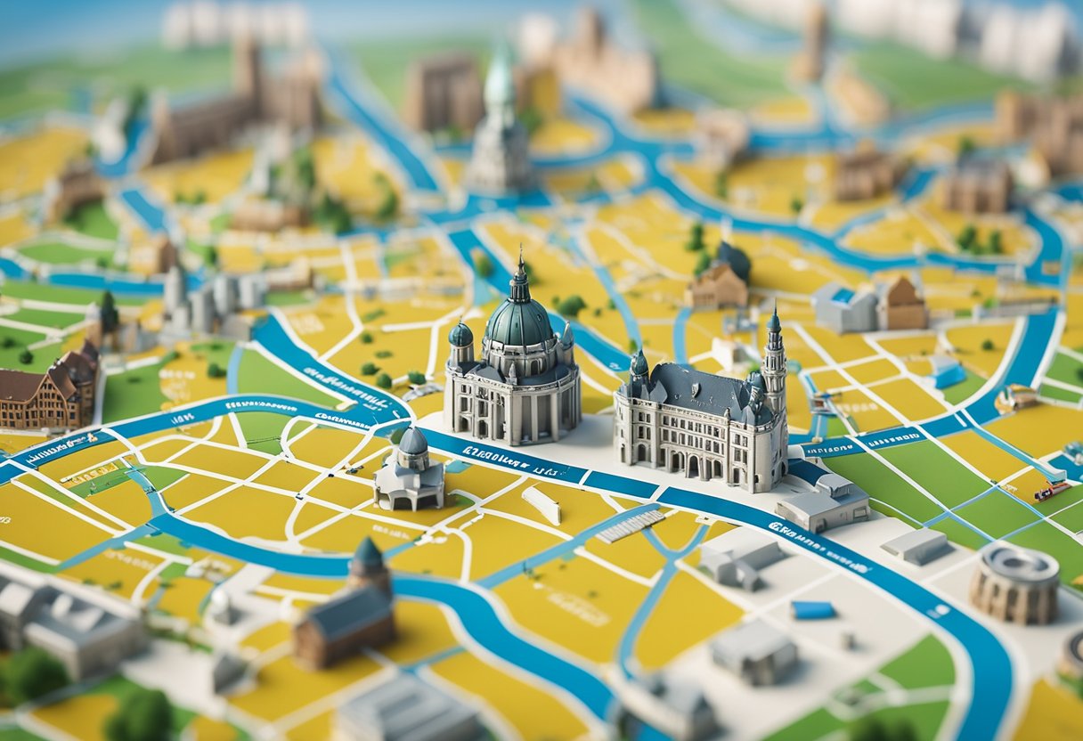 A map of Germany with a focus on Berlin, surrounded by iconic landmarks and symbols of the city's culture and history