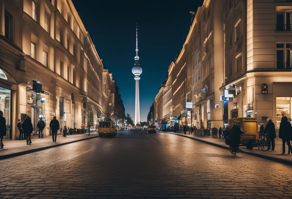 Busy city streets with iconic landmarks like Brandenburg Gate and Berlin TV Tower. Vibrant nightlife and cultural attractions