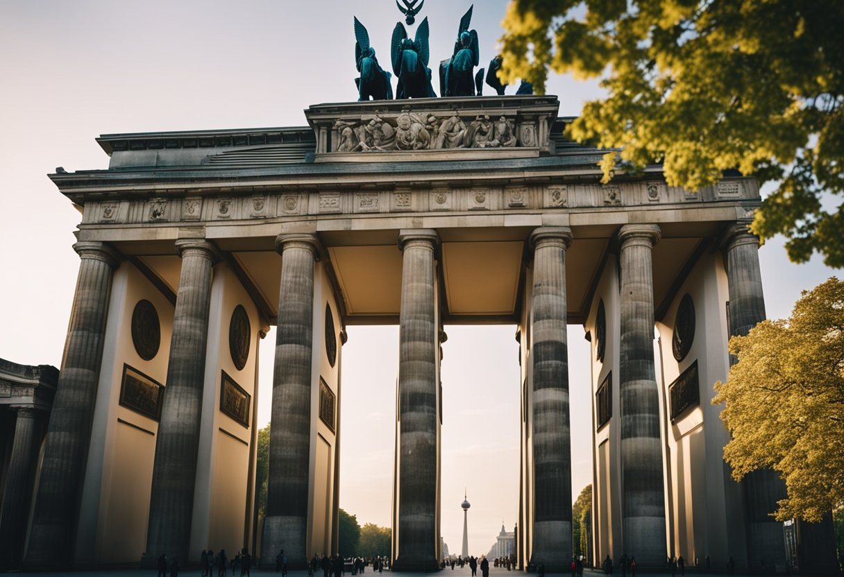 Berlin, die Hauptstadt Deutschlands, wird symbolisiert durch das Brandenburger Tor, einen neoklassizistischen Triumphbogen, der als Symbol für Einheit und Frieden steht.