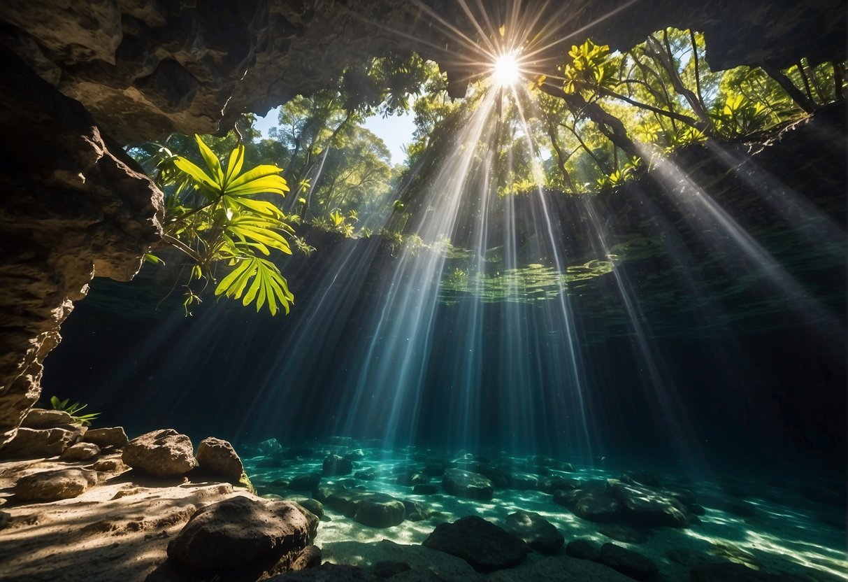 Sunlight filters through lush jungle canopy into the crystal-clear waters of the Conservation and Culture Cenote Cuzama, illuminating the ancient rock formations and vibrant underwater flora