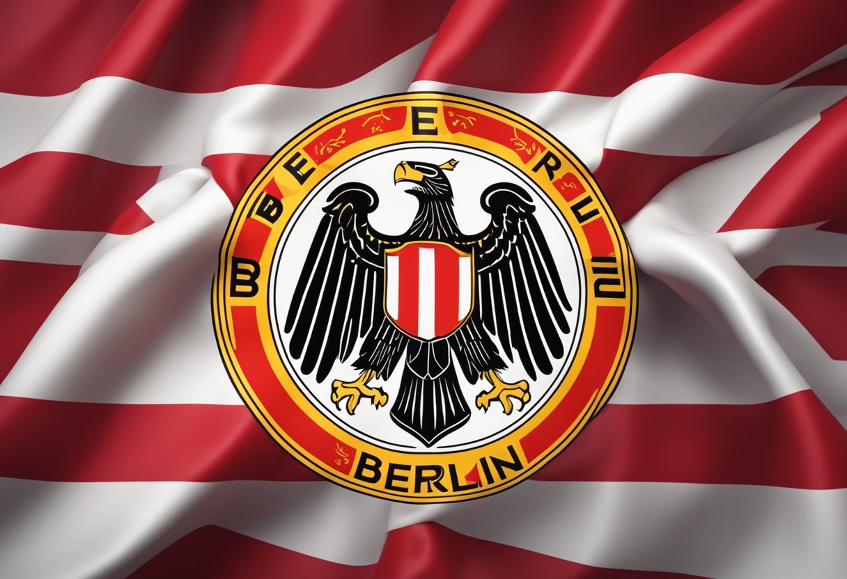 Die Flagge von Berlin, Deutschland, zeigt eine horizontale Trikolore aus Rot, Weiß und Rot, mit dem Wappen der Stadt in der Mitte