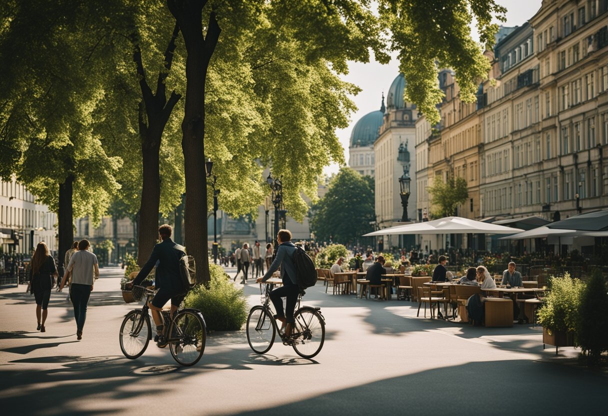 Menschen flanieren, radeln und genießen Cafés im Freien in der Berliner Innenstadt, mit ikonischer Architektur und Grünflächen im Hintergrund