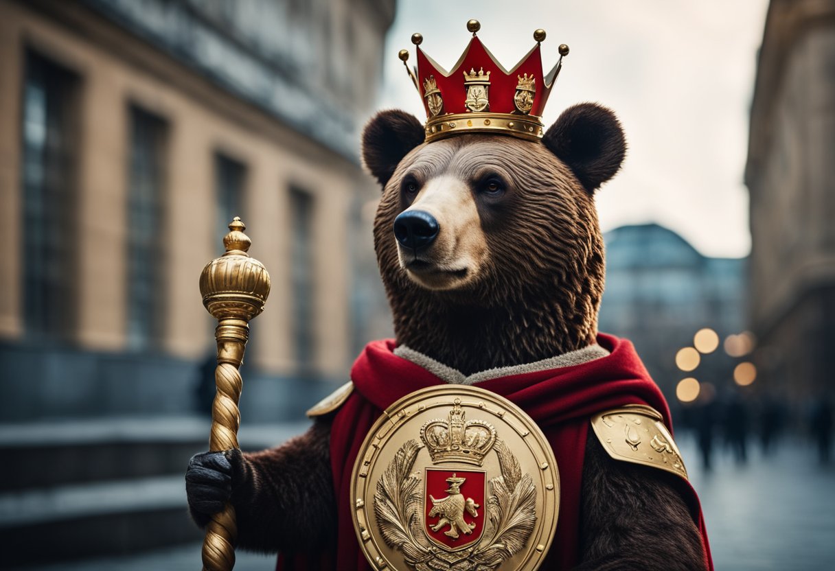 Ein auf den Hinterbeinen stehender Bär mit einer Krone auf dem Kopf, der ein Zepter und einen Schild mit dem Wappen von Berlin hält