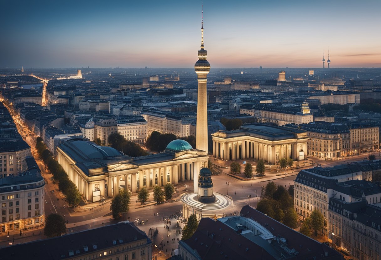 Ein pulsierendes Stadtbild mit ikonischen Wahrzeichen wie dem Brandenburger Tor und dem Berliner Fernsehturm, umgeben von vielfältigen Stadtvierteln und einer Mischung aus moderner und historischer Architektur