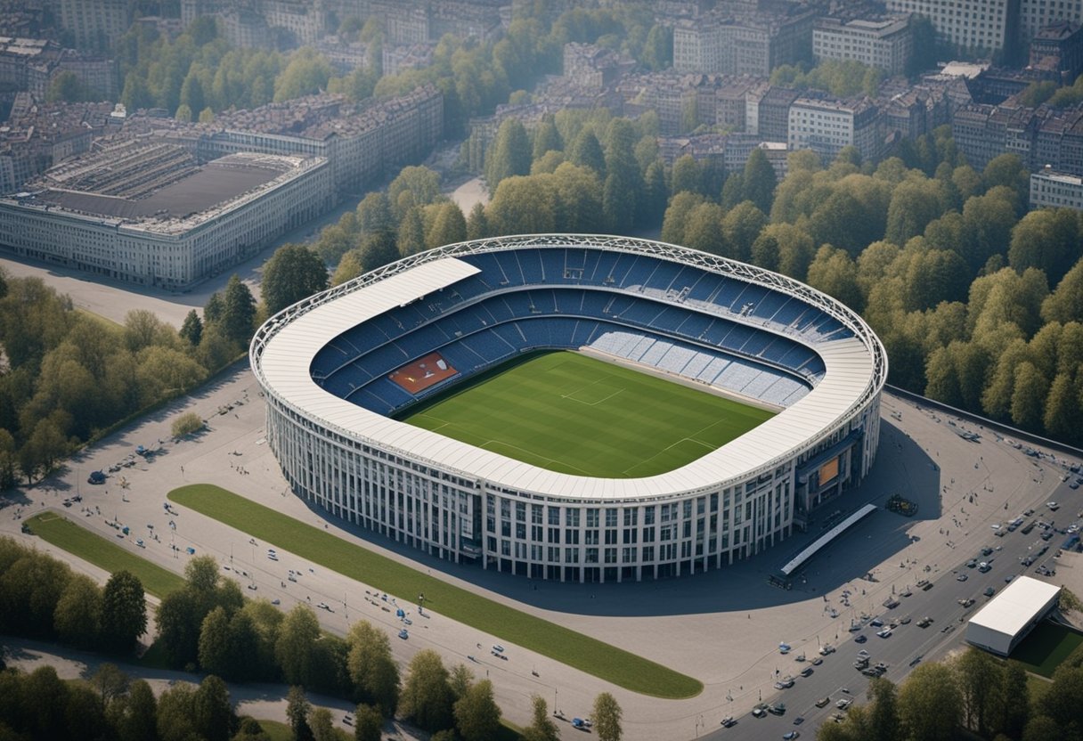 Die Szene zeigt ein geteiltes Berlin, in dem die Fußballmannschaft von Hertha Berlin in einem leeren Stadion spielt, was die Teilung zwischen Ost- und Westdeutschland symbolisiert.