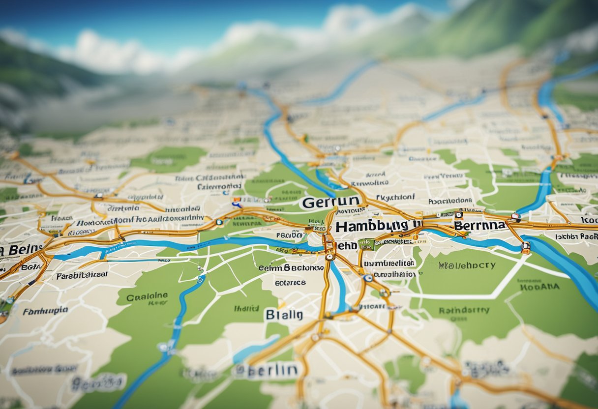 The map of Germany with a highlighted route from Hamburg to Berlin