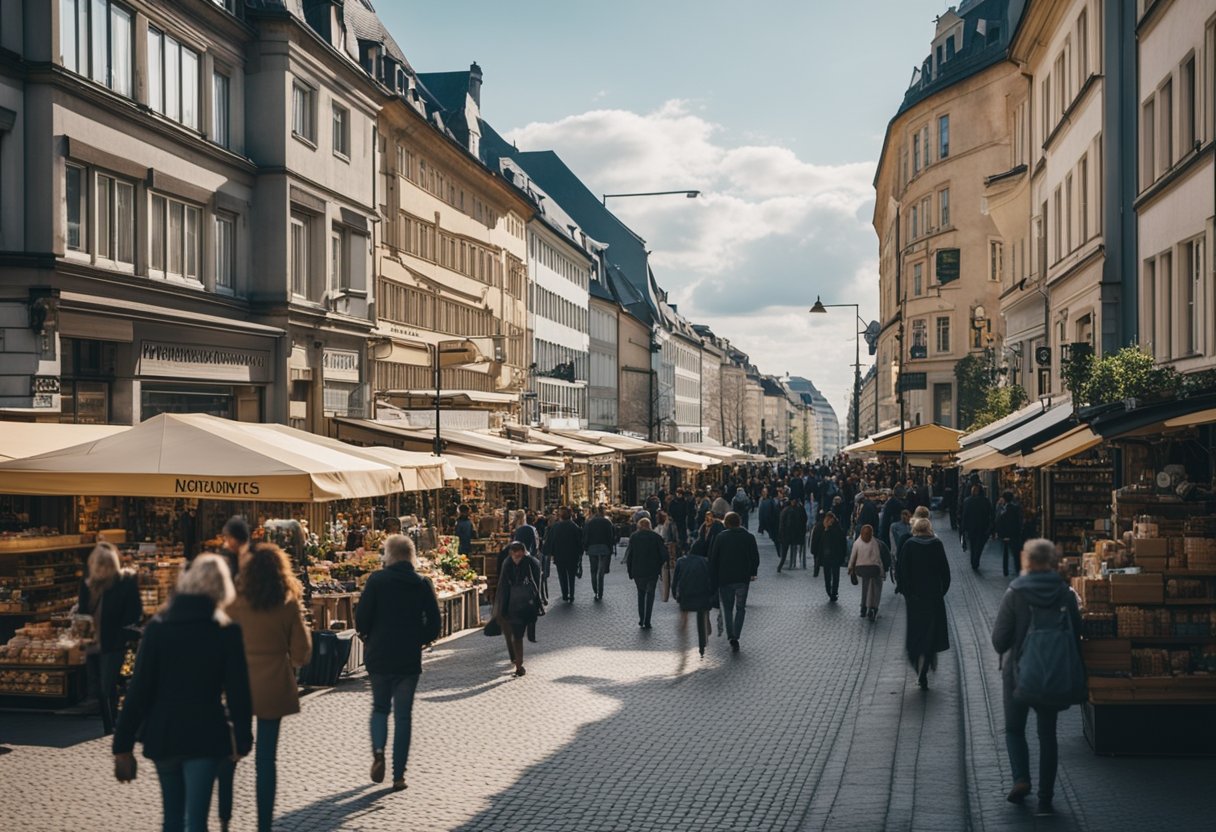 Eine belebte Berliner Straße, gesäumt von Geschäften und Cafés, mit vielen Menschen und viel Verkehr. Ikonische Architektur und Straßenschilder markieren die pulsierende Handelsszene