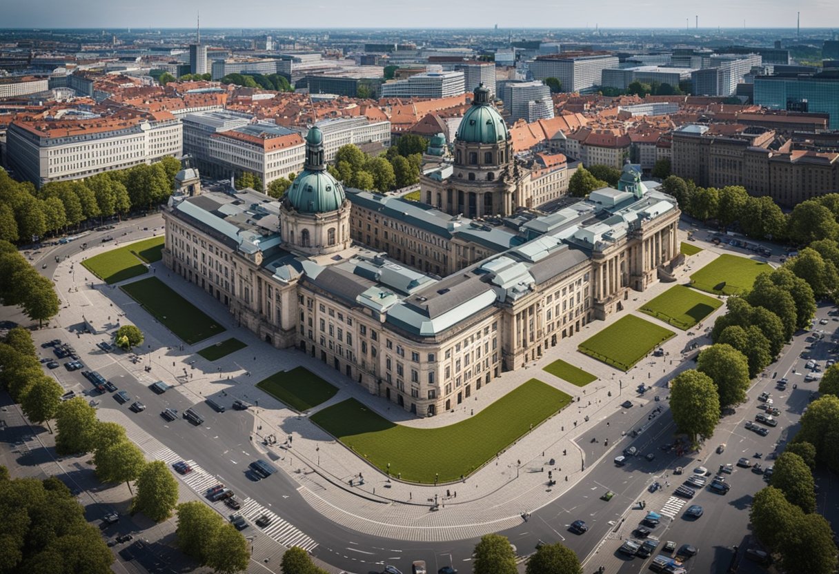 Ein belebter Stadtplatz in Berlin mit Regierungsgebäuden und Verwaltungsgebäuden, umgeben von einer Mischung aus moderner und historischer Architektur