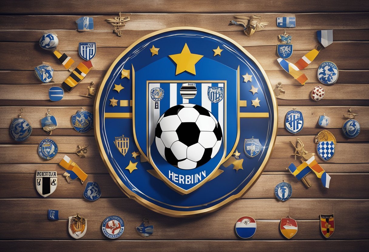 Wappen von Hertha Berlin, umgeben von deutschen Fußballsymbolen, aufgeteilt in Ost- und Westteil