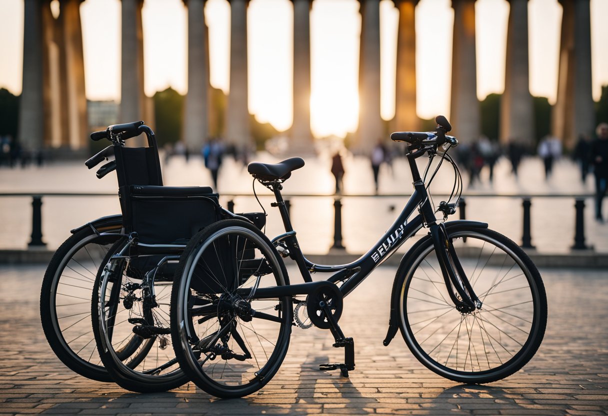 A bicycle parked in front of the Brandenburg Gate, with a wheelchair ramp leading up to the entrance, symbolizing Berlin's commitment to transportation and accessibility