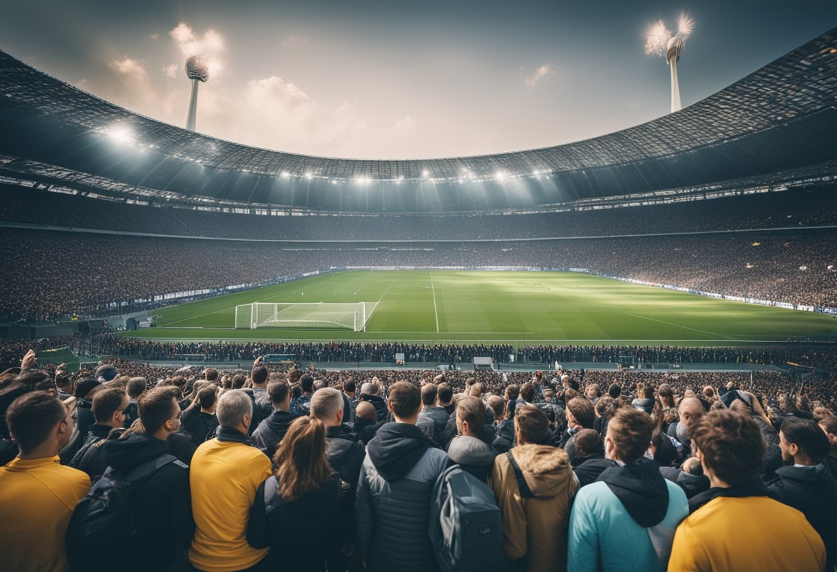 Ein belebtes Stadion in Berlin, Deutschland, mit einem Meer von jubelnden Fans und einer Kulisse aus modernen Einrichtungen