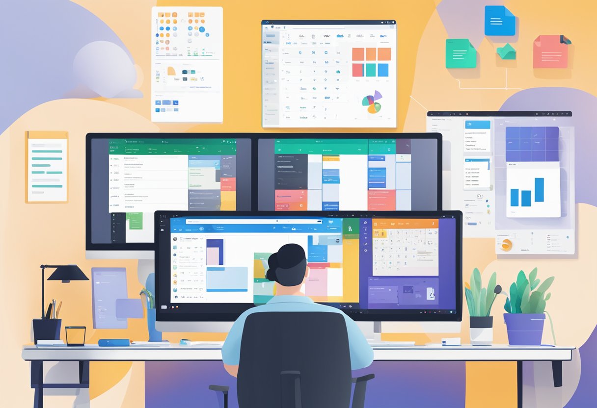 A computer screen displaying Microsoft Loop components: chat, calendars, tasks, and files organized in a collaborative workspace