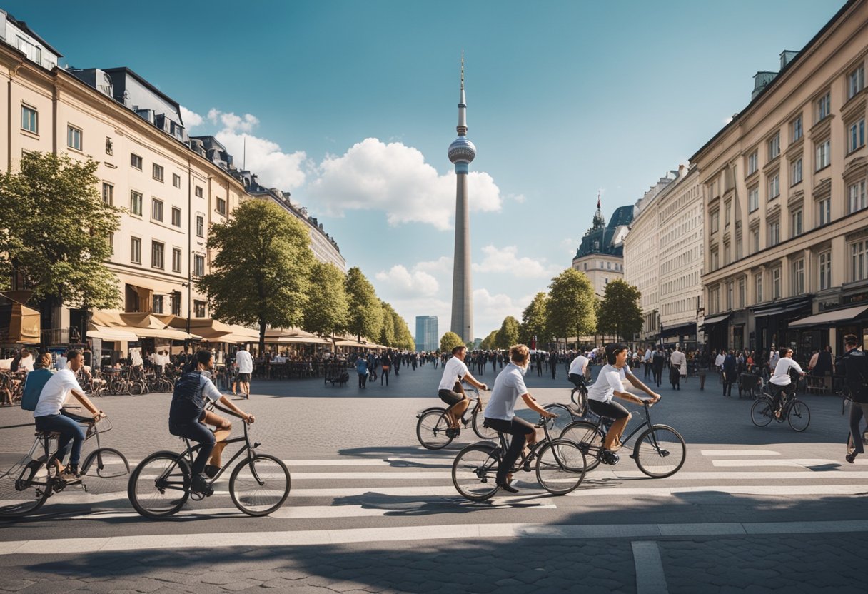 Belebtes Stadtbild mit ikonischen Wahrzeichen wie dem Brandenburger Tor und dem Fernsehturm. Menschen, die Rad fahren, in Straßencafés essen und die lebendige Straßenkunst genießen