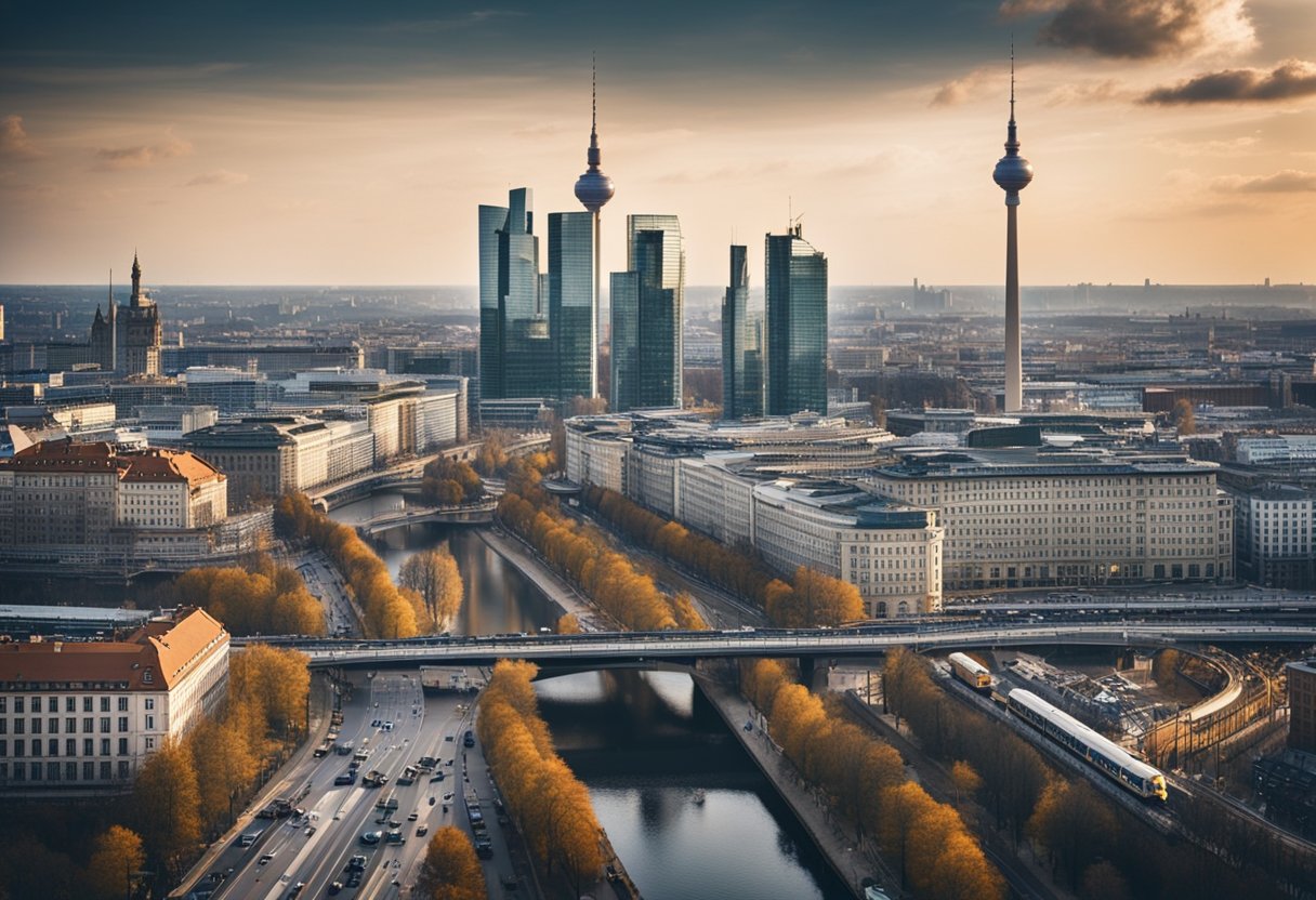 Ein pulsierendes Stadtbild mit modernen Wolkenkratzern und effizienten Verkehrsnetzen, das die wirtschaftliche Leistungsfähigkeit und die fortschrittliche Infrastruktur Berlins unter Beweis stellt