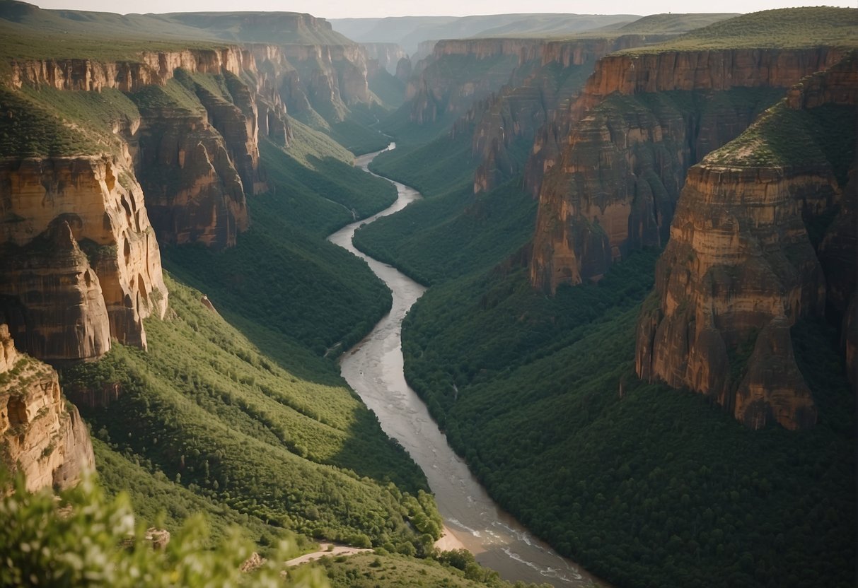 A massive canyon with towering cliffs, lush greenery, and a winding river cutting through the landscape