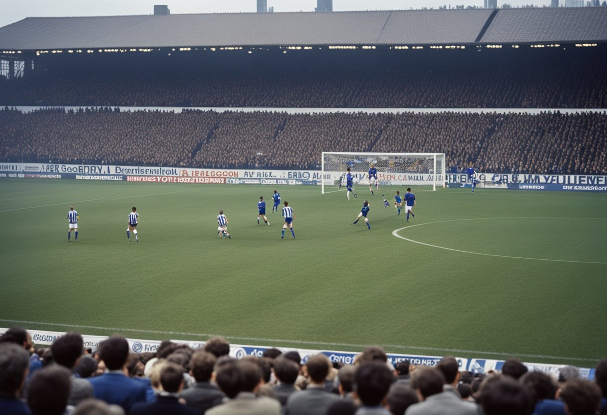 Ein Fußballspiel zwischen Hertha Berlin und einer Mannschaft aus Ost- oder Westdeutschland, mit jubelnden Fans im Hintergrund