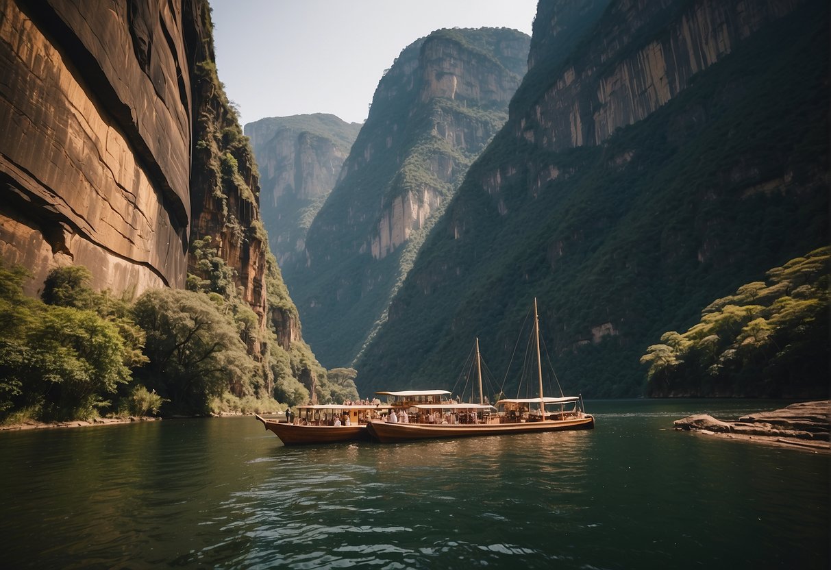 Boats navigate through towering cliffs in Cañon del Sumidero, as tourists marvel at the natural beauty and wildlife