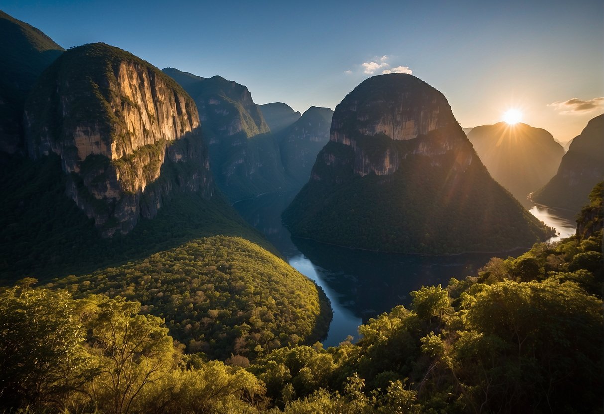 The sun sets behind the towering cliffs of Cañon del Sumidero, casting a warm glow over the winding river below. The lush greenery of the surrounding jungle contrasts with the deep blue waters, creating a stunning natural landscape