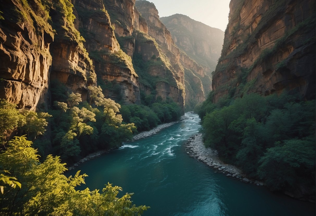 A lush, towering canyon with steep, rocky walls. A river flows through the center, surrounded by dense vegetation and diverse wildlife