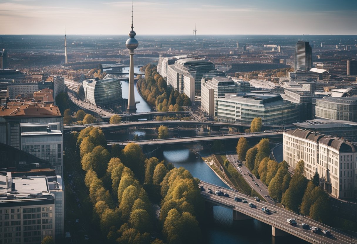 Ein pulsierendes Stadtbild mit modernen Gebäuden und effizienten Verkehrssystemen, das den wirtschaftlichen und infrastrukturellen Rahmen von Berlin, Deutschland, zeigt