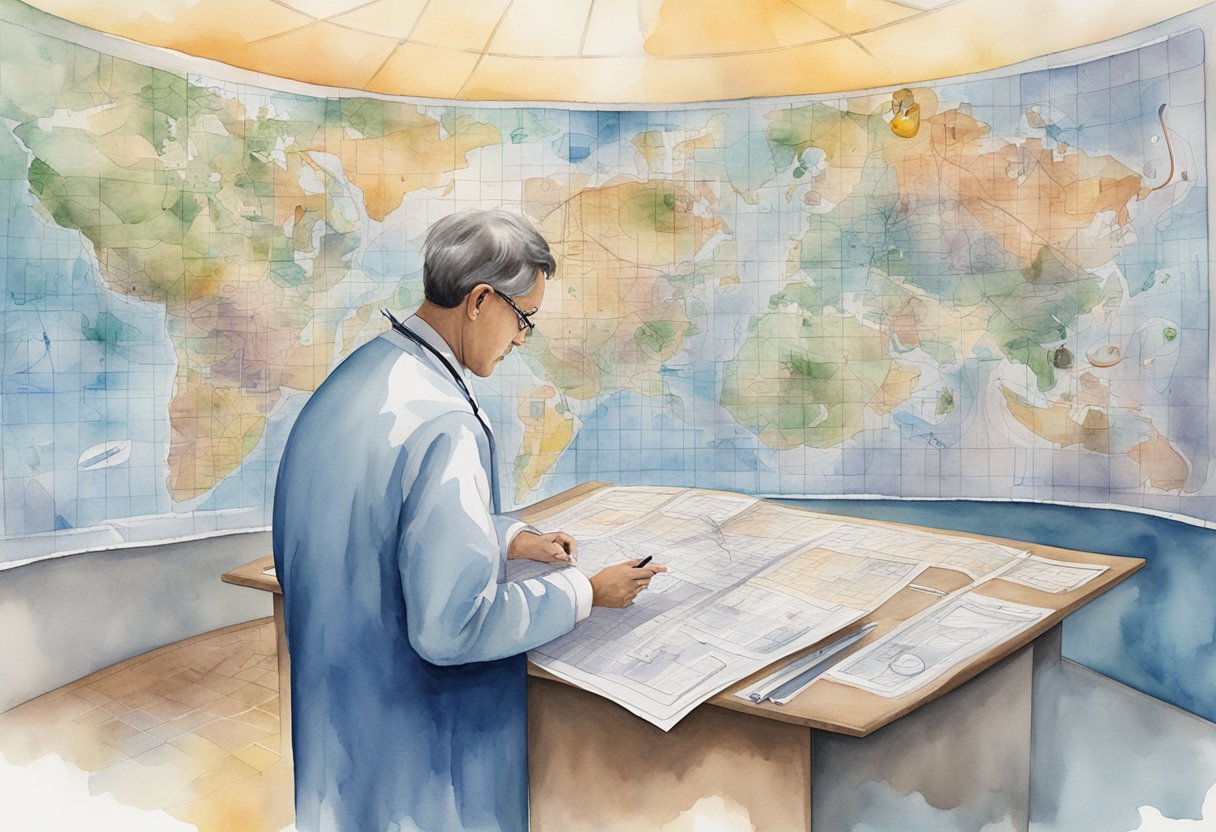 A person consults a healthcare map, facing a maze of policies and post-treatment challenges. The map is surrounded by medical symbols and charts