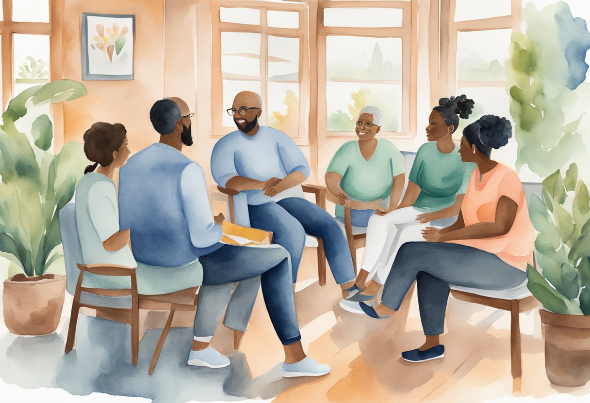 A group of diverse individuals gather in a supportive community setting, discussing health policies and navigating post-treatment realities as cancer thrivers
