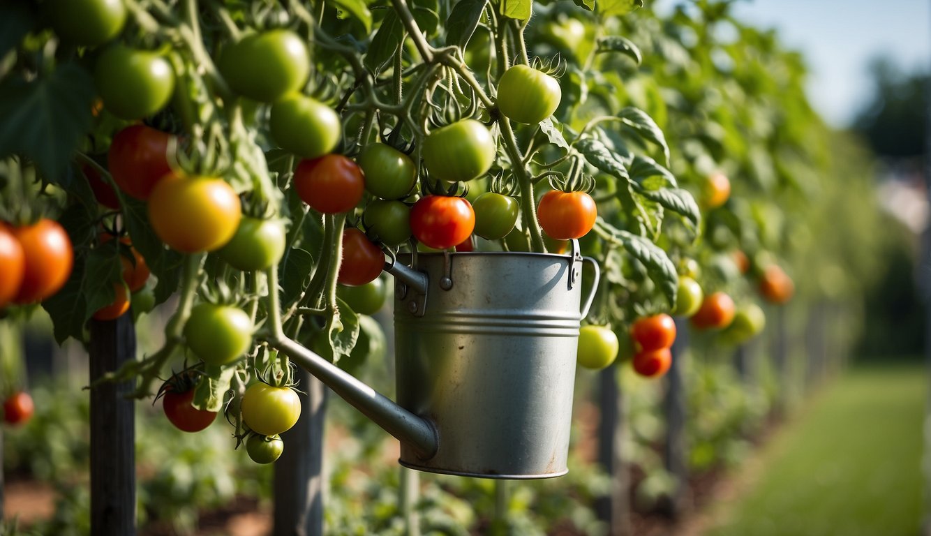 Lush green tomato plants in a well-tended garden, with healthy, ripe tomatoes hanging from the vines. A watering can and a bag of organic fertilizer nearby