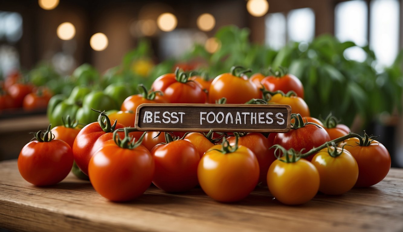 A colorful array of tomato varieties displayed on a wooden table with a sign reading "Best Food for Tomatoes."
