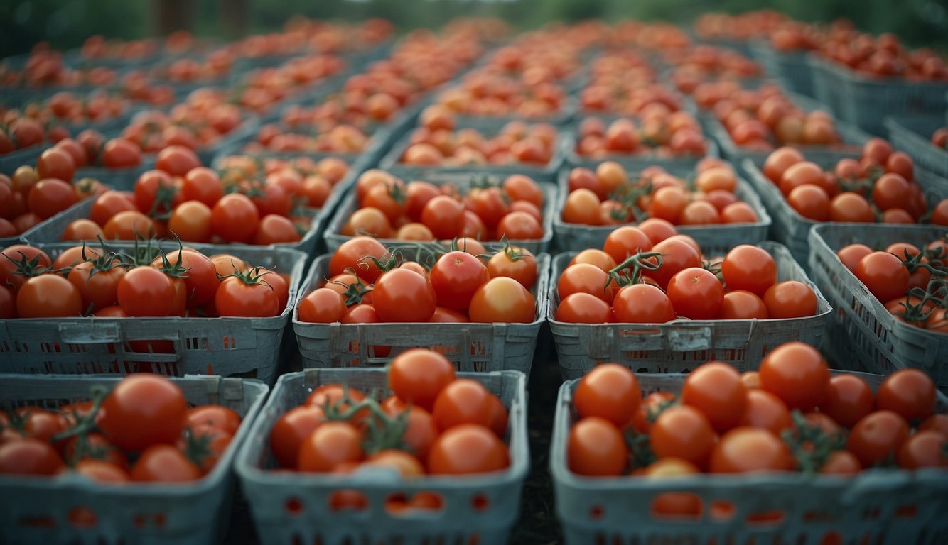 Tomatoes being picked and placed in baskets, then stored in a cool, dry place