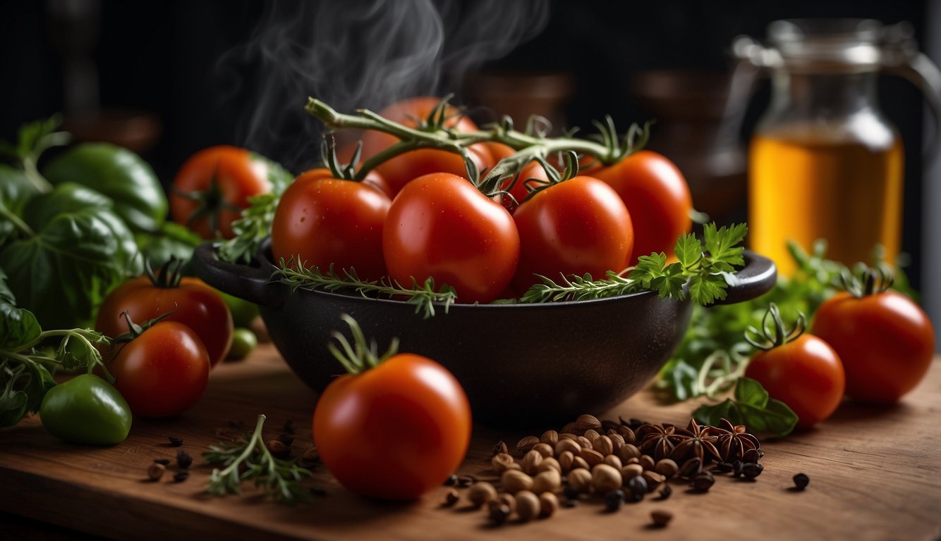 Fresh tomatoes, herbs, and spices arranged on a wooden cutting board, with a pot simmering on a stove in the background