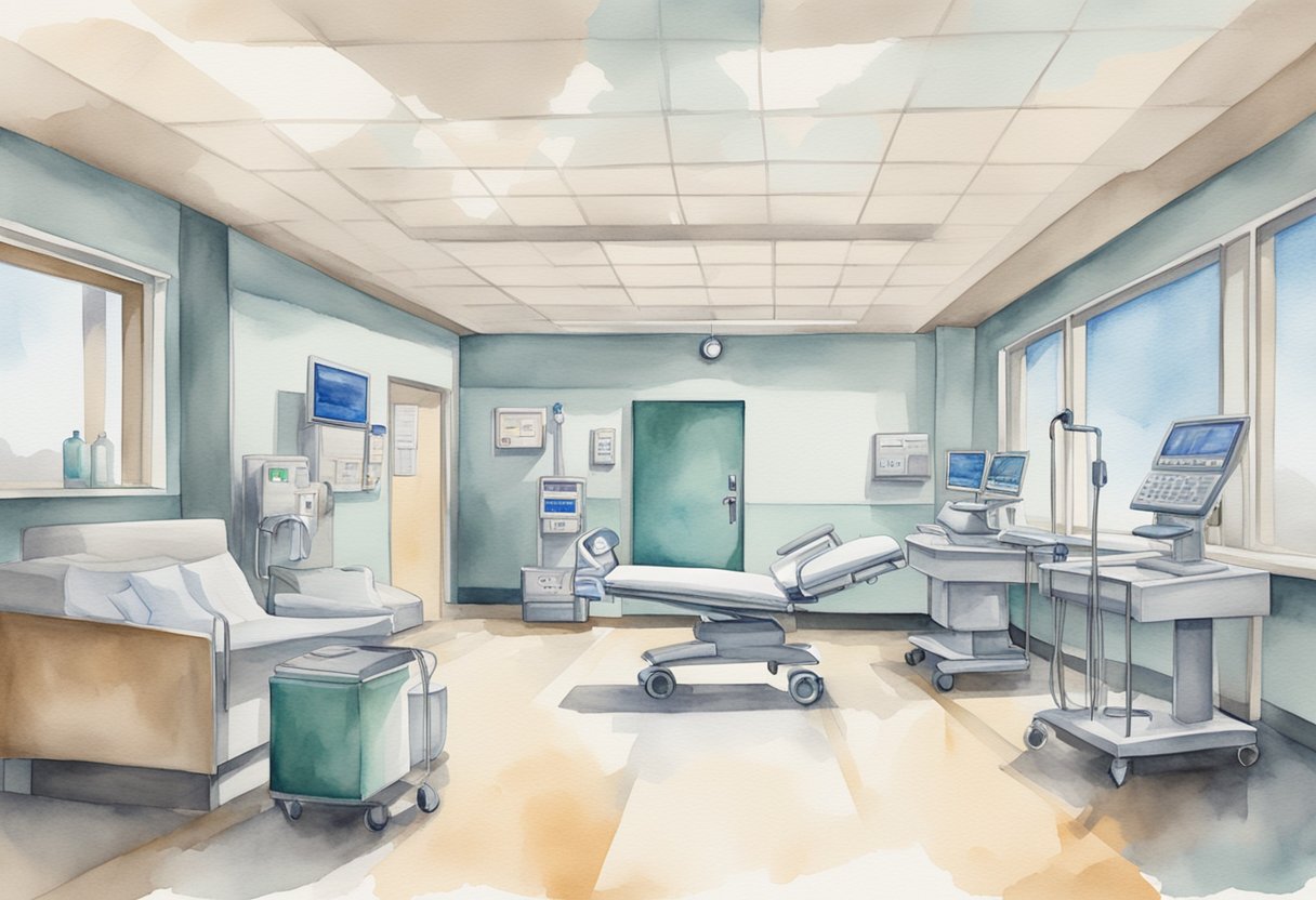 A modern hospital with advanced medical equipment, a podium with a healthcare reform sign, and a cancer awareness ribbon intertwined with political symbols