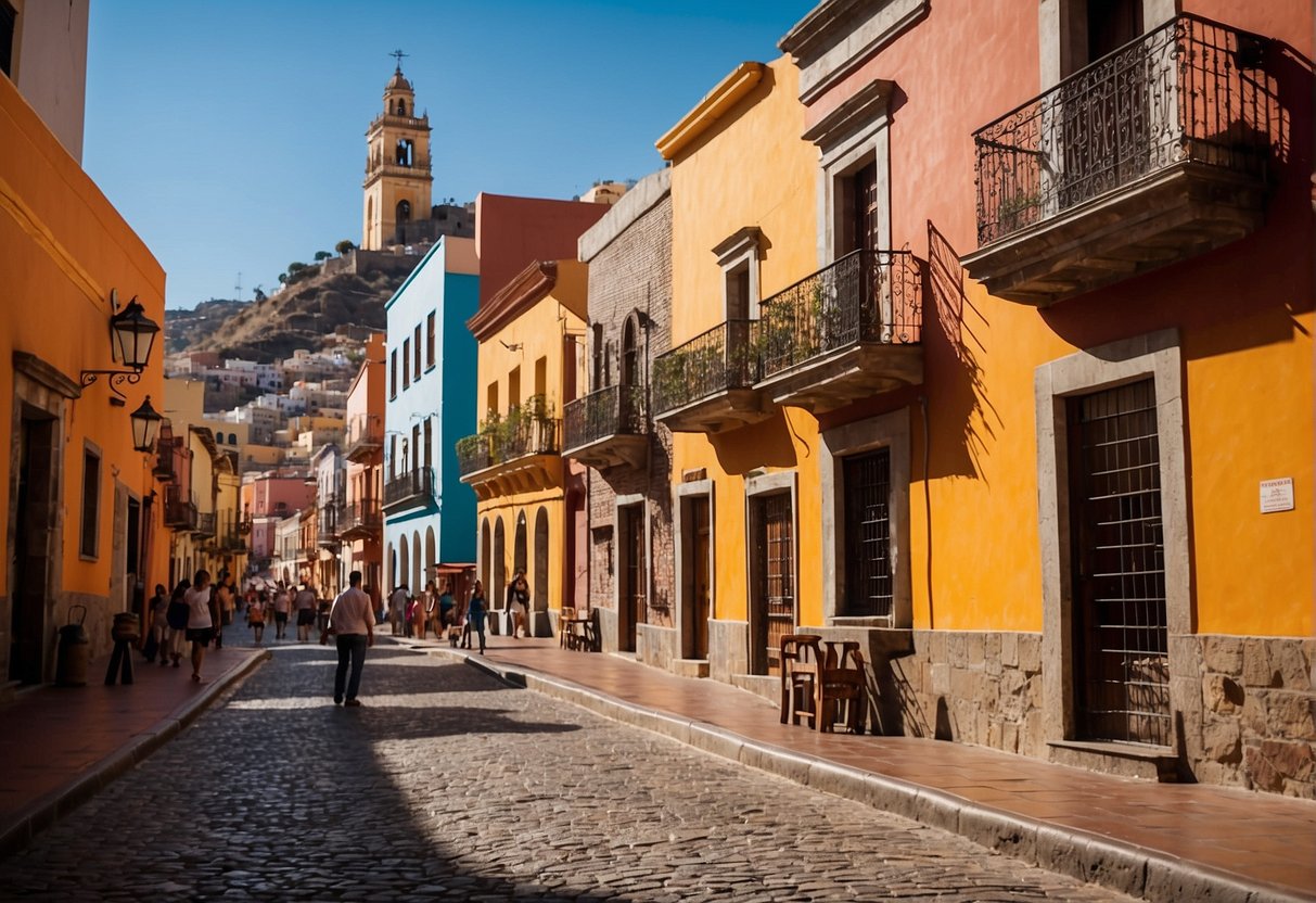 Colorful buildings line the cobblestone streets of Guanajuato Centro, with vibrant murals adorning the walls. The bustling market is filled with locals and tourists exploring the diverse array of goods