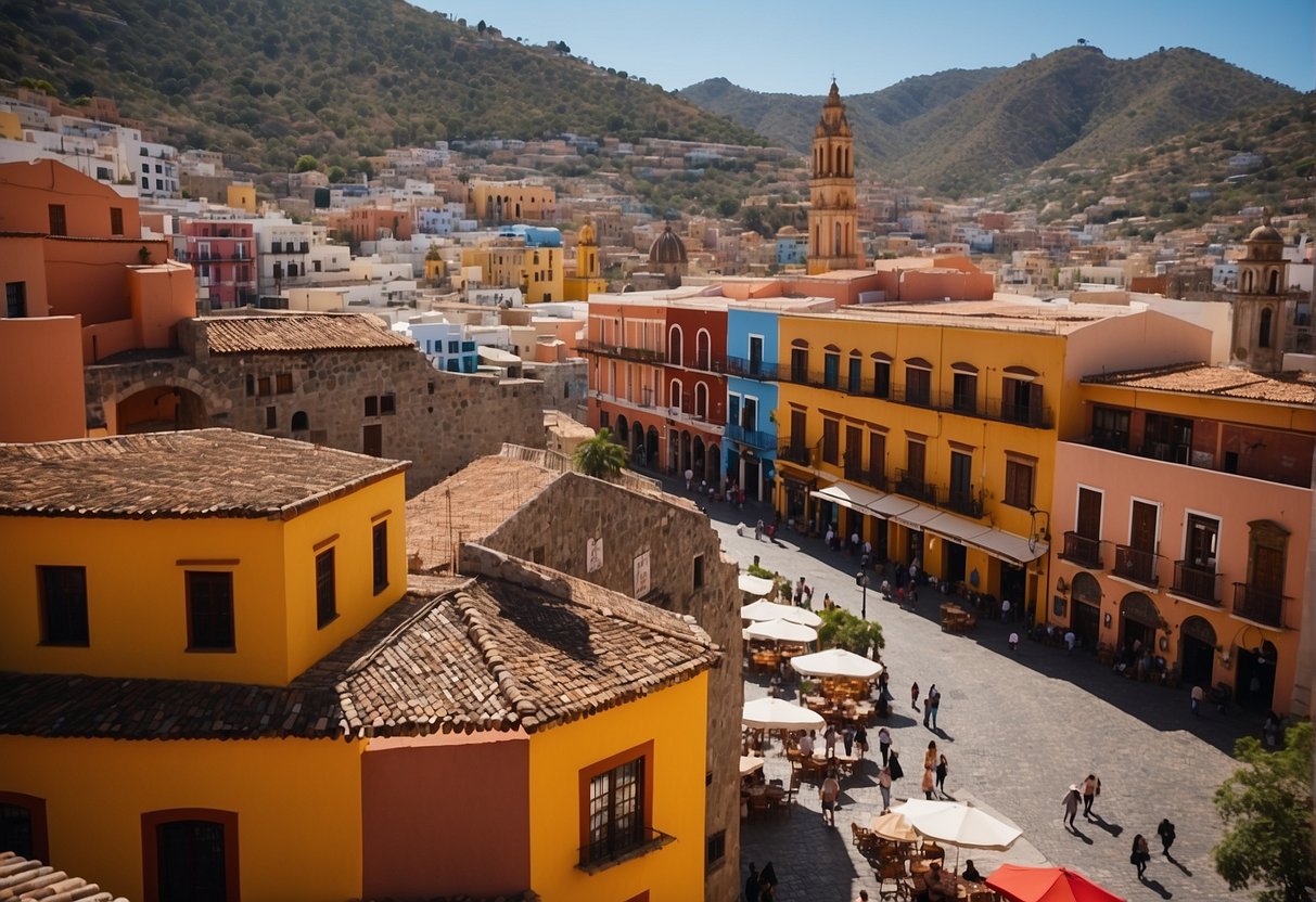 Bright, colorful buildings line the narrow cobblestone streets of Guanajuato centro. A bustling market fills the square, while the iconic Basilica stands tall in the background