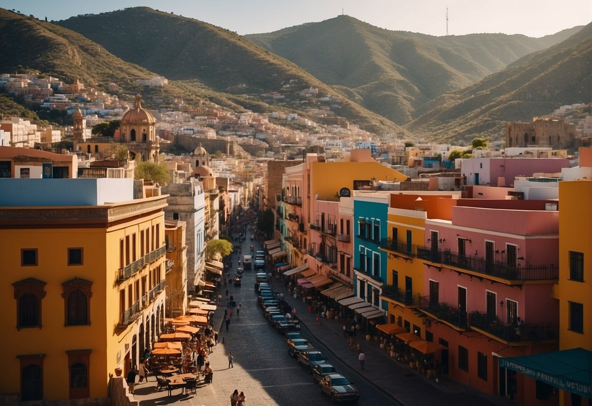 A bustling street in Guanajuato Centro, with colorful buildings and outdoor dining options. A budget-friendly hotel sign stands out among the vibrant architecture