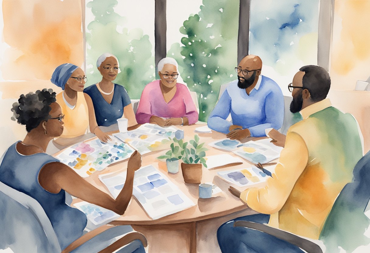 A group of diverse individuals gather to discuss public health strategies and healthcare policy reforms. A cancer thriver shares their story, highlighting the intersection of cancer and politics