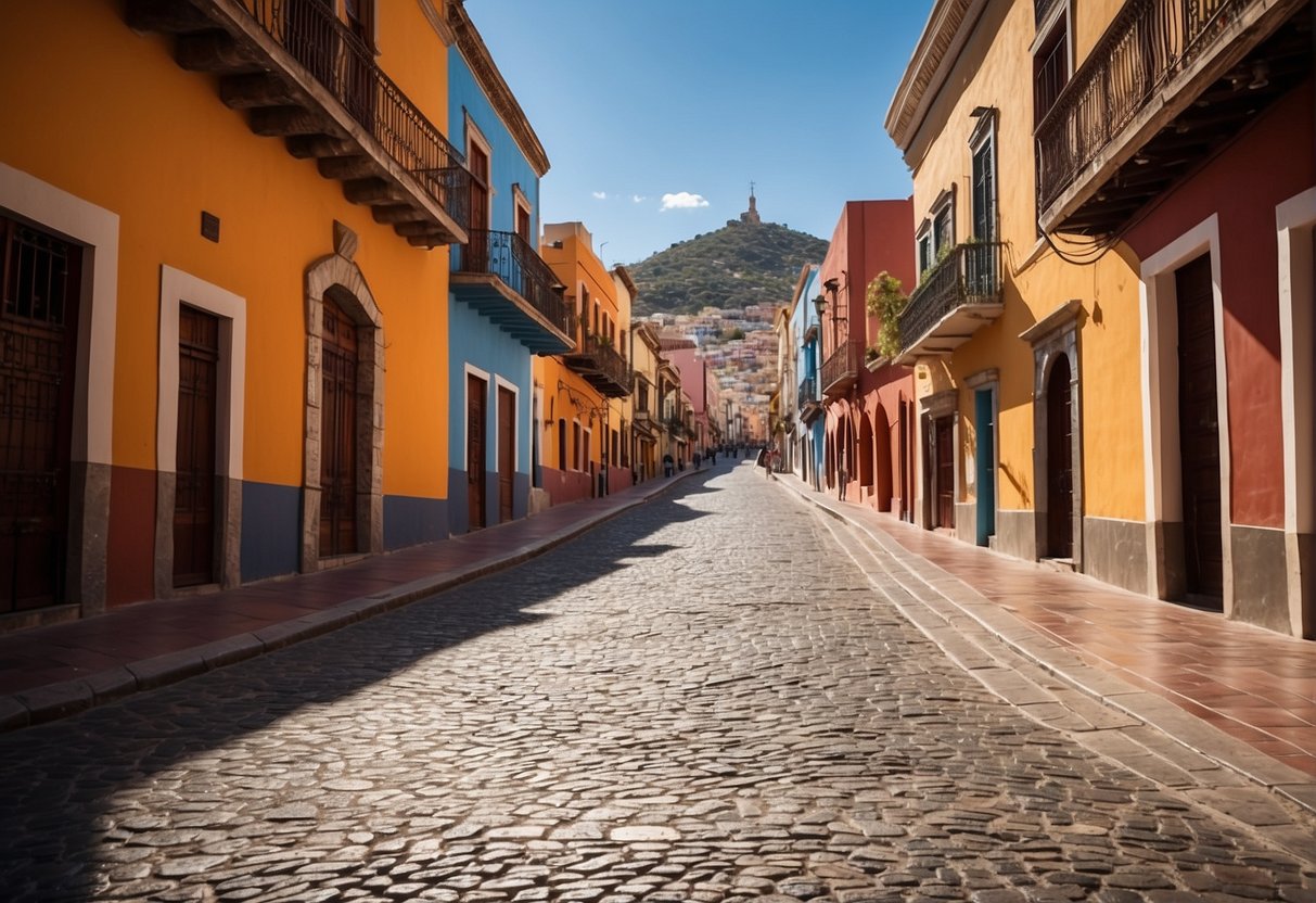 Colorful buildings line the cobblestone streets of Guanajuato Centro. Tourists explore museums, churches, and plazas, while street vendors sell traditional crafts