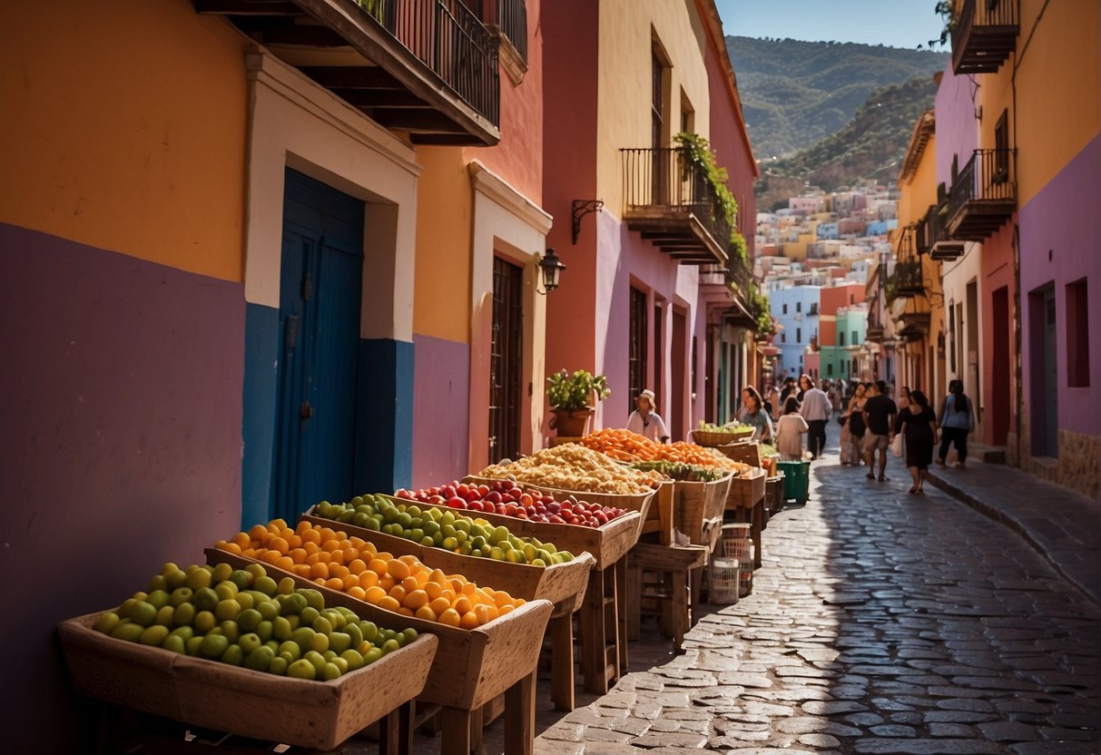 A bustling street in Guanajuato Centro, with colorful buildings and narrow cobblestone streets. Street vendors selling local crafts and food, while tourists explore the vibrant atmosphere