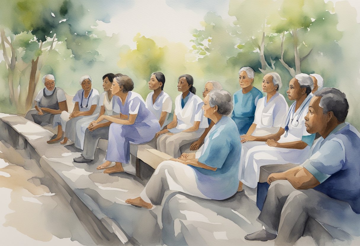 A group of survivors share their stories while medical professionals listen attentively