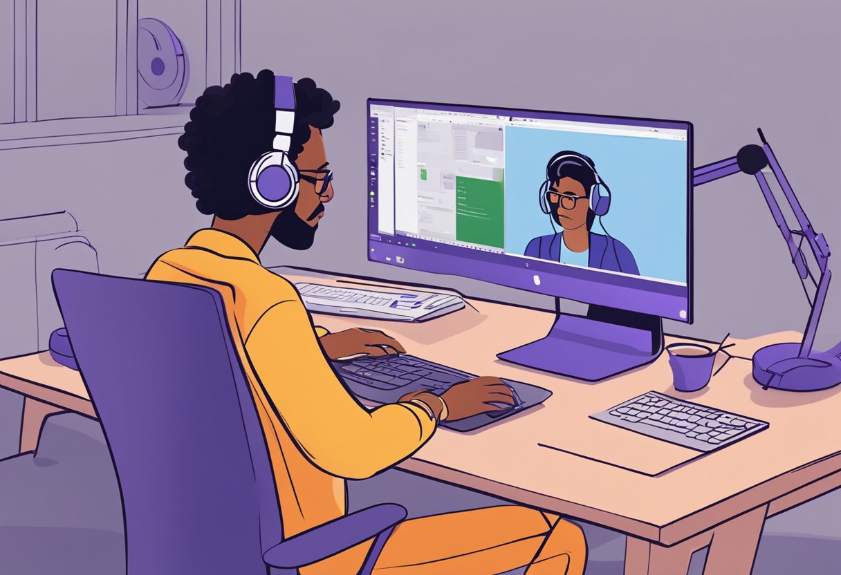 A person sitting at a desk, looking at a computer screen with a puzzled expression while adjusting the volume and checking the microphone settings on Microsoft Teams