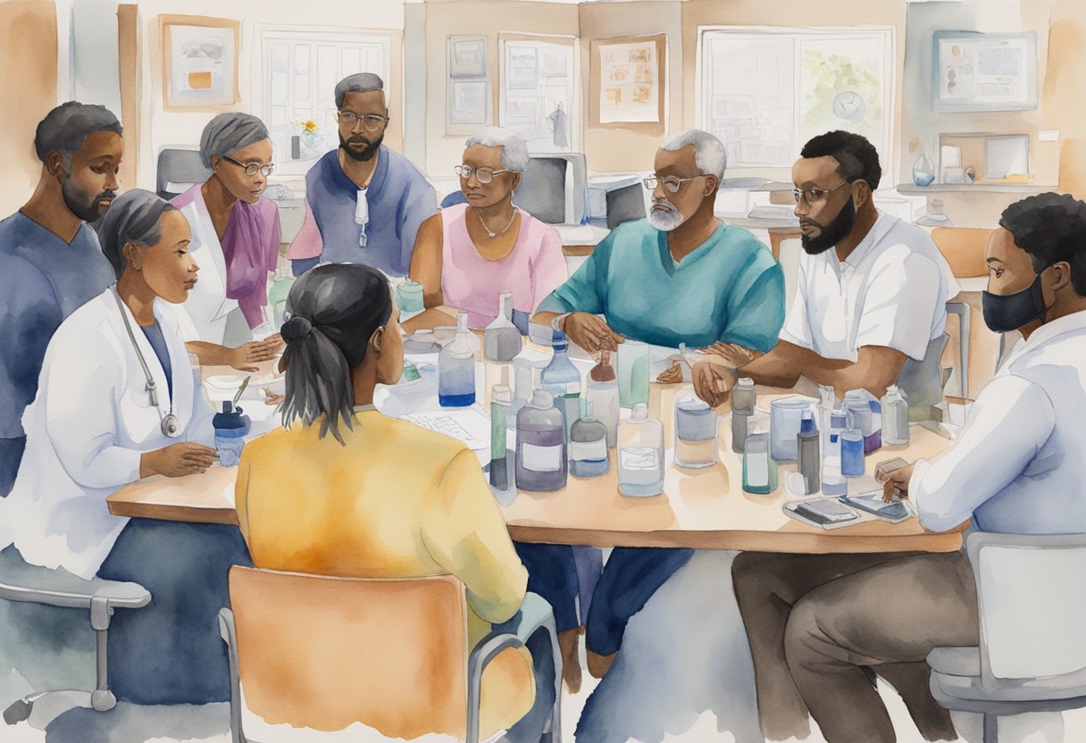 A group of diverse individuals gather around a table, engaged in conversation. Medical equipment and resources are visible in the background, symbolizing the support systems and voices of affected survivors within the medical industry