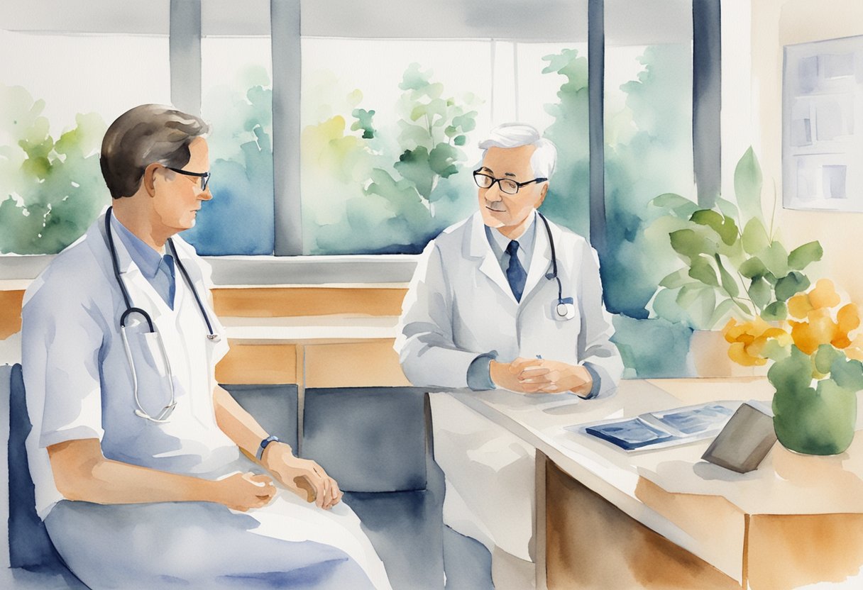 A doctor discusses treatment options with a patient in a modern clinic setting