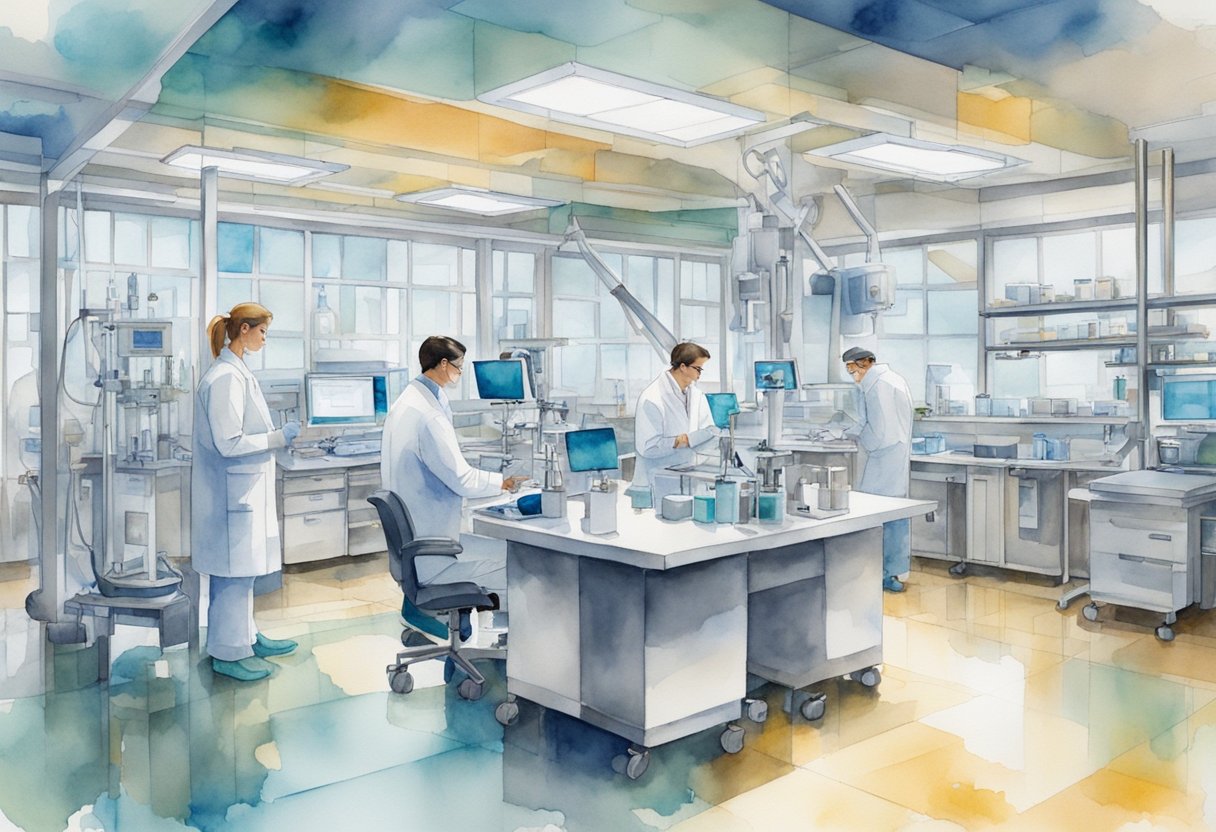 Cutting-edge medical equipment and researchers collaborating in a modern lab, with data analysis and breakthrough discoveries impacting patient care
