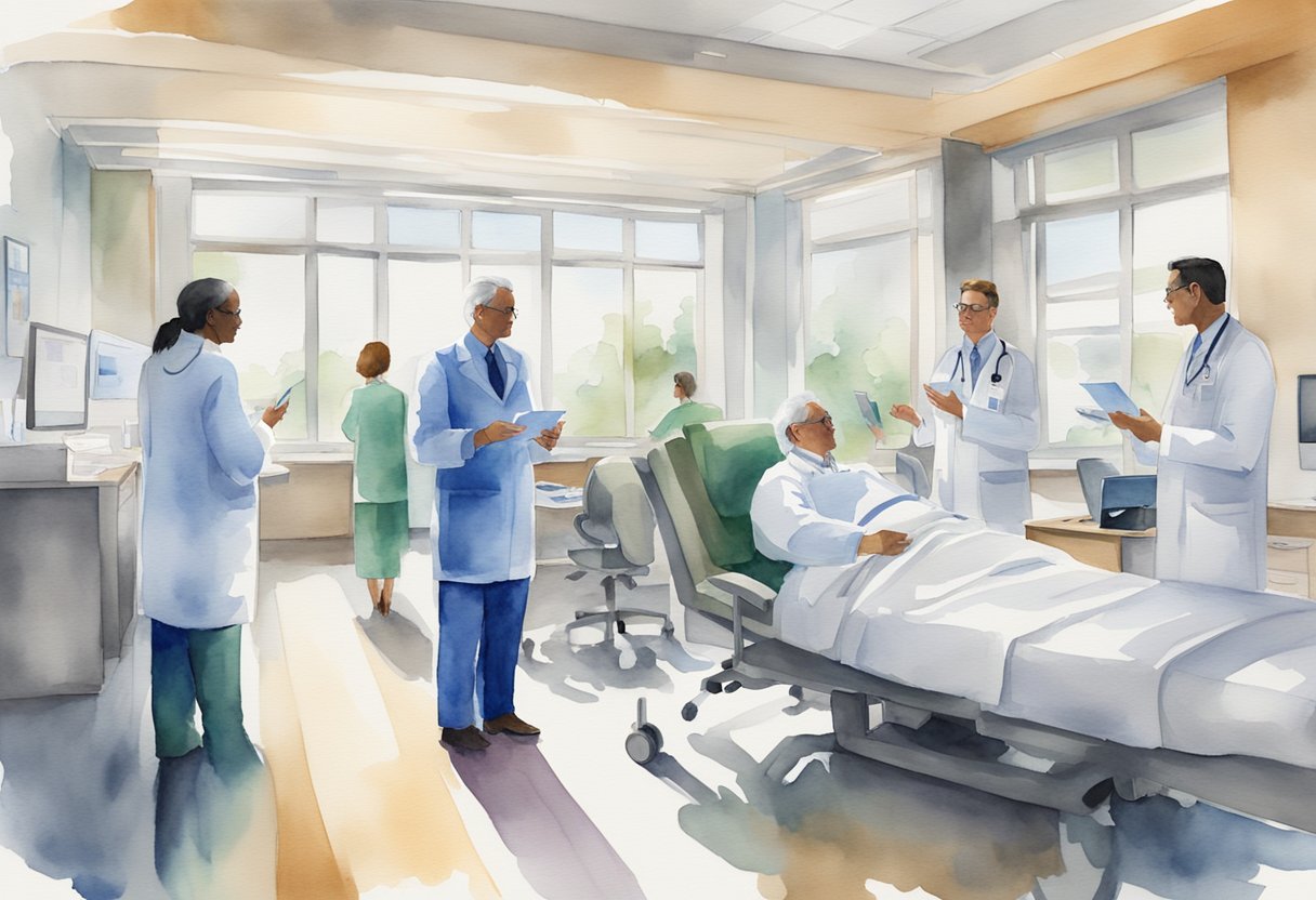 Healthcare leaders collaborate in a modern hospital setting, discussing patient care plans and analyzing data to improve outcomes