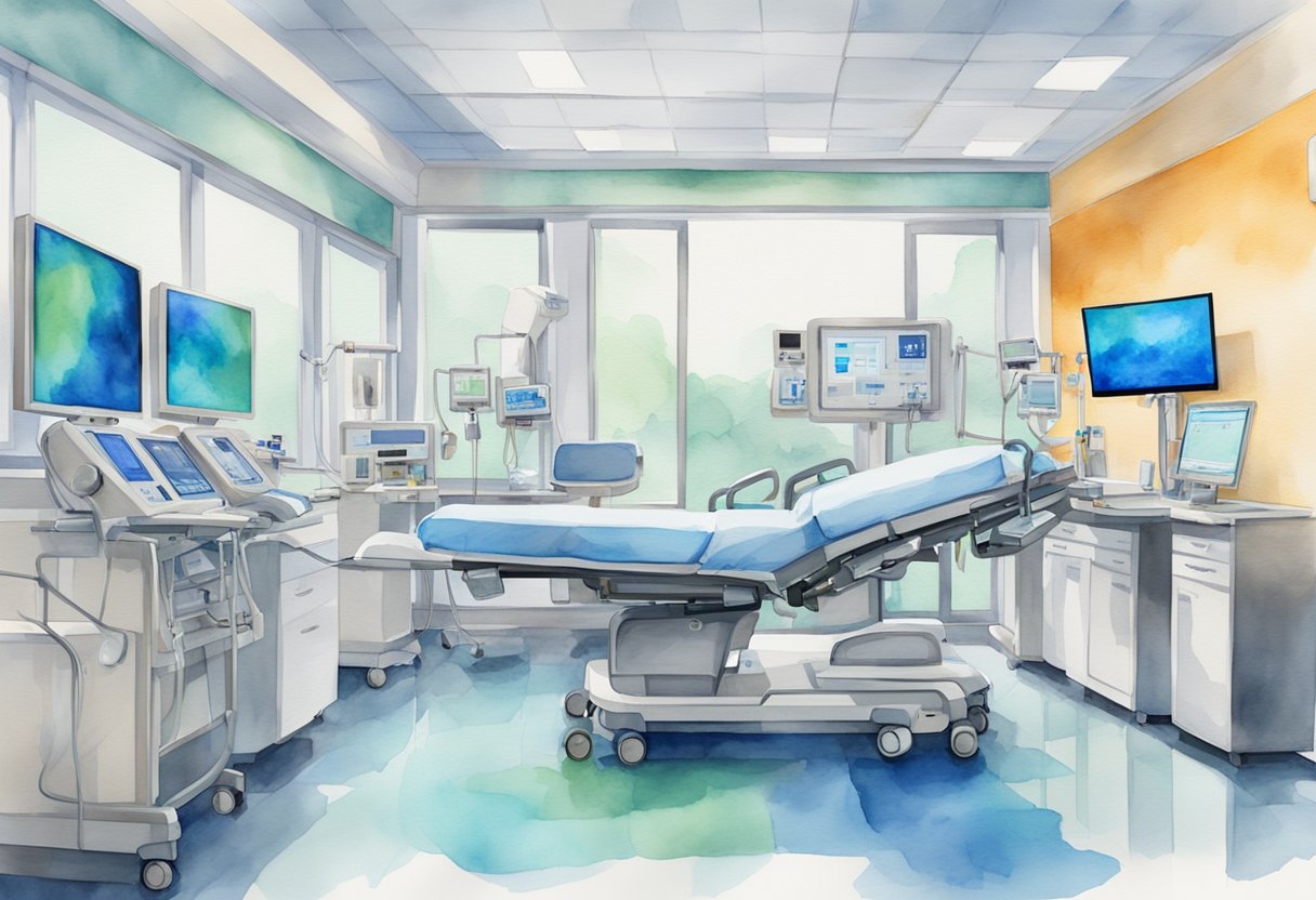 A modern hospital room with advanced medical equipment and digital interfaces, showcasing the integration of technology and healthcare automation to improve patient outcomes