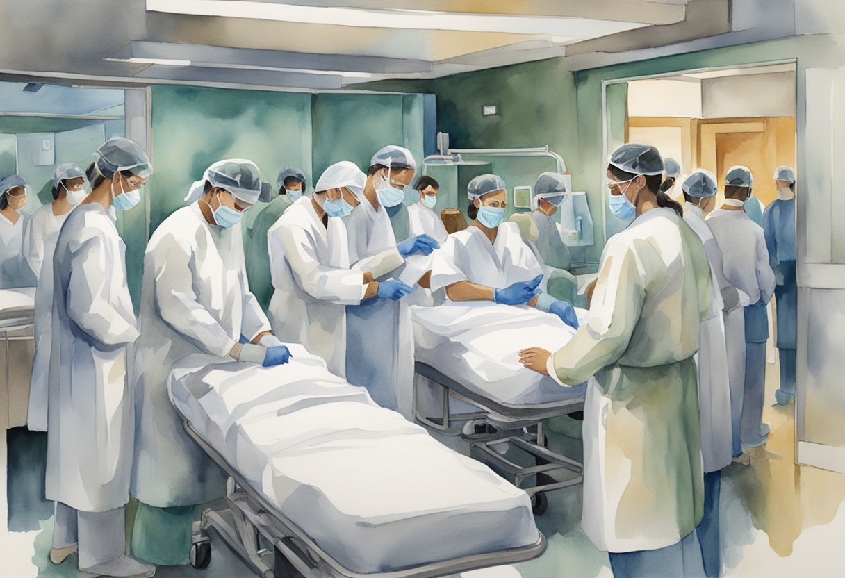 Medical professionals in protective gear treating patients in a crowded hospital ward, while survivors share their stories to industry leaders