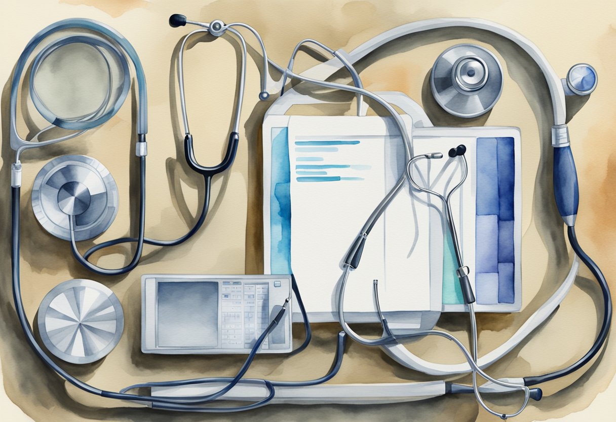Medical equipment arranged neatly, with a stethoscope draped over a clipboard. A computer screen displays patient data, highlighting the impact on patient outcomes in the medical industry
