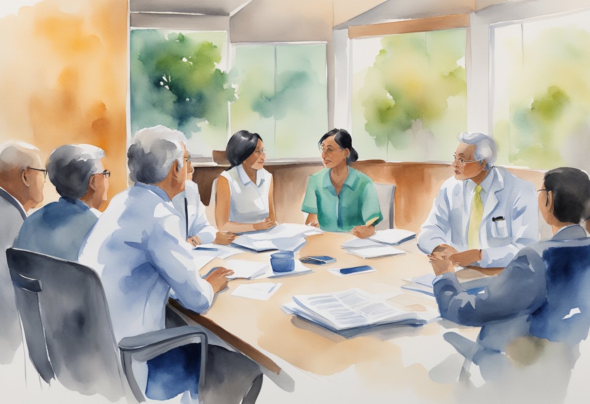 A group of survivors and medical professionals discuss public health policies and education, their voices echoing in a conference room