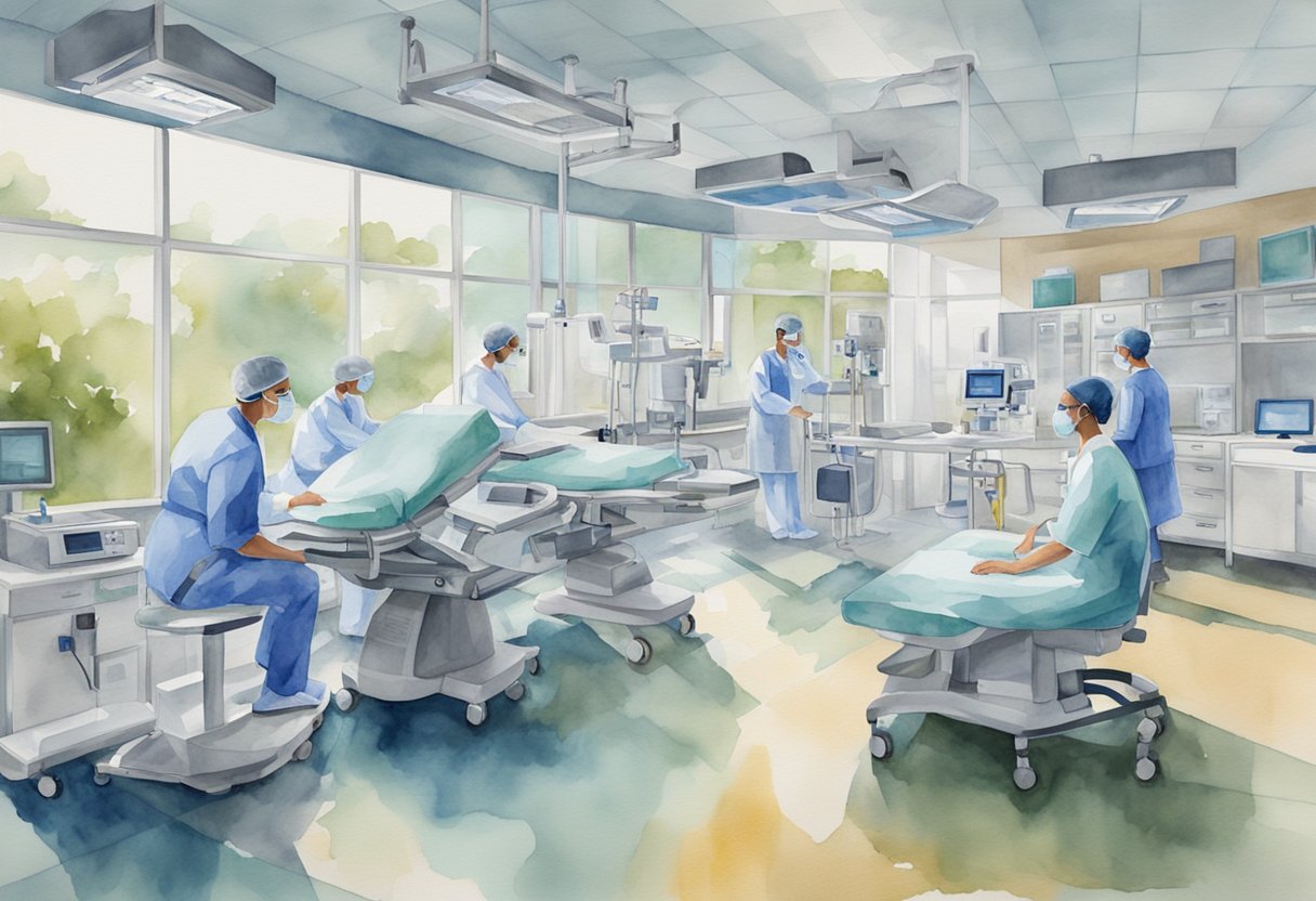 A modern hospital setting with advanced medical equipment and technology, a team of healthcare professionals working together to provide cancer care and innovative treatments as part of the Affordable Care Act