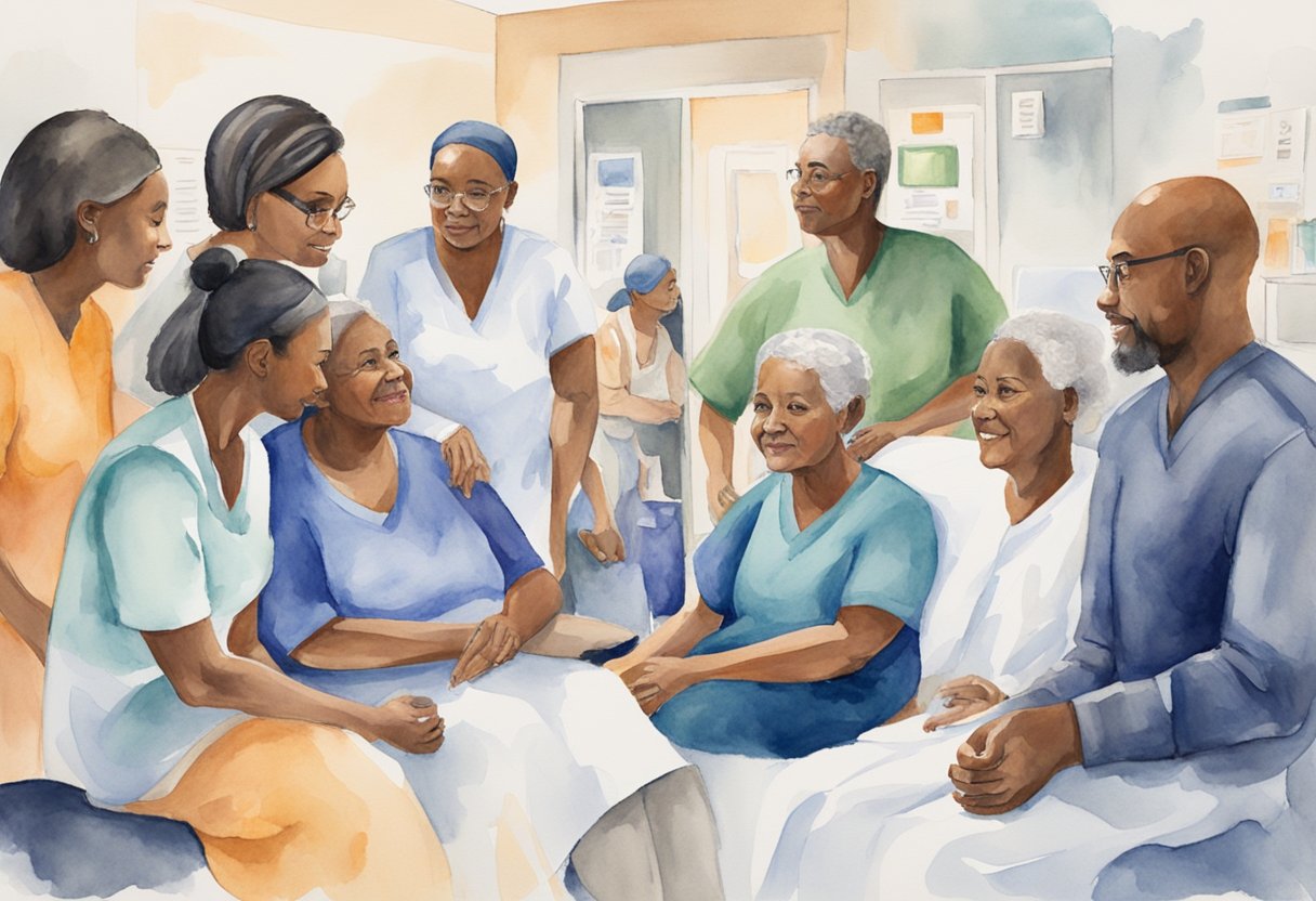 A group of diverse individuals gather in a hospital, receiving affordable cancer care and support under the Affordable Care Act. The atmosphere is one of hope and resilience as patients and survivors come together in solidarity